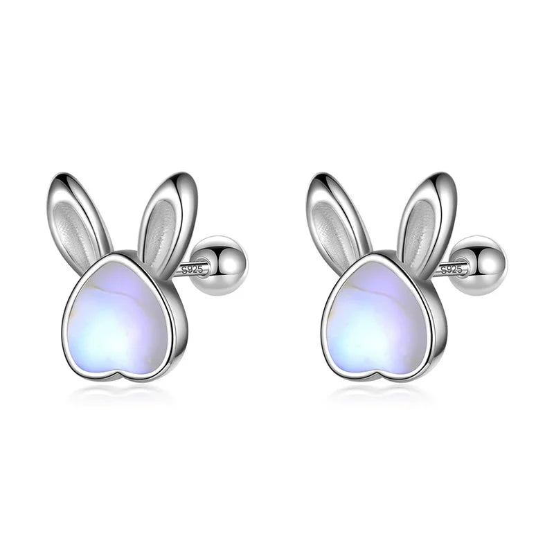 TrustDavis Real S999 Sterling Silver Kids Animal Rabbit Moonstone Screw Stud Earrings For Daughter Girls Fine Jewelry DF2044