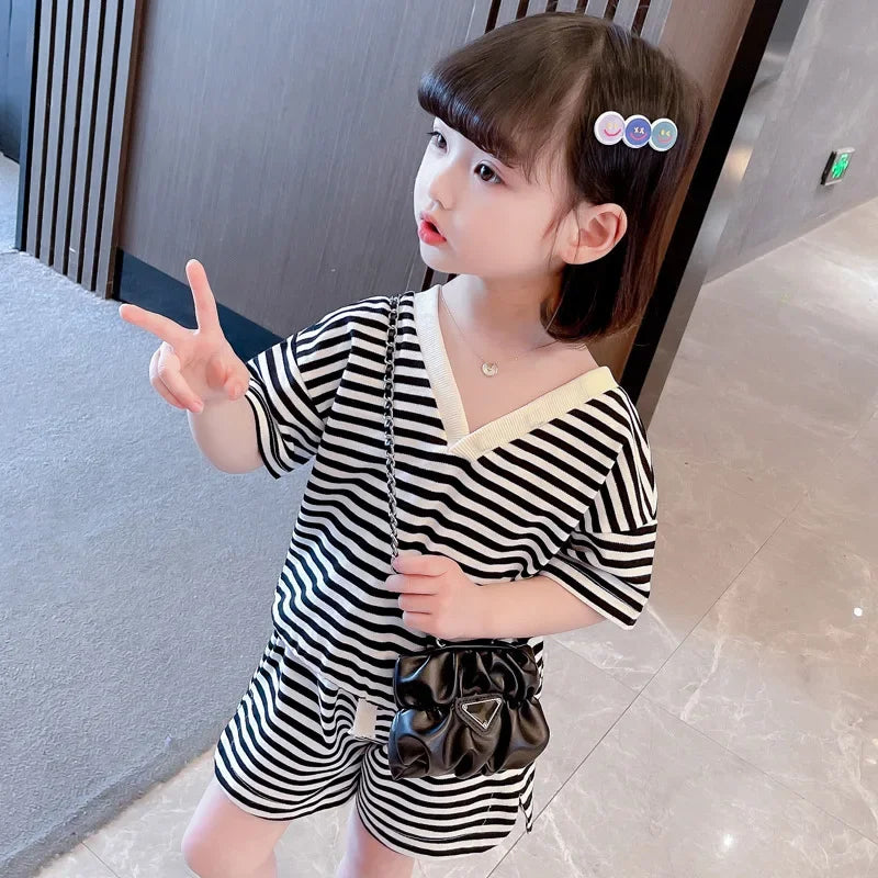 Girl Clothes Set Striped Fashion Outfits Clothing Set Bowknot V-neck Children Sets Toddler Girl Clothes