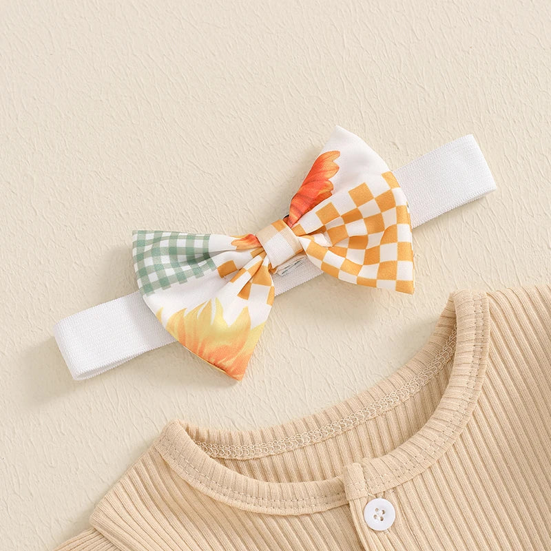 Newborn Baby Girl Clothes Rib Frill Long Sleeve Romper Daisy Flared Pants Headband Set 3pcs Fall Winter Outfits