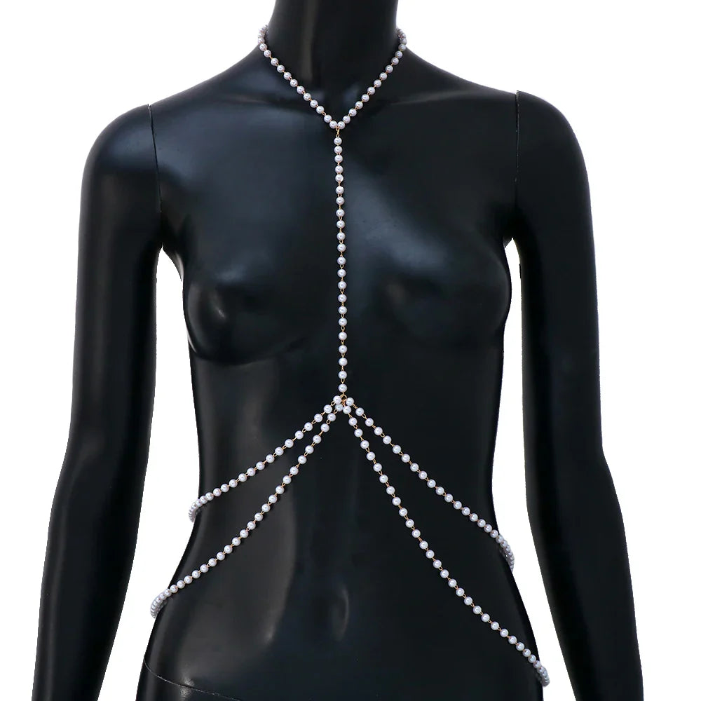 Stonefans Fashion Pearl Body Chain Bra Necklace Harness for Women Summer Sexy Bikini Crystal Belly Waist Chain Beach Jewelry