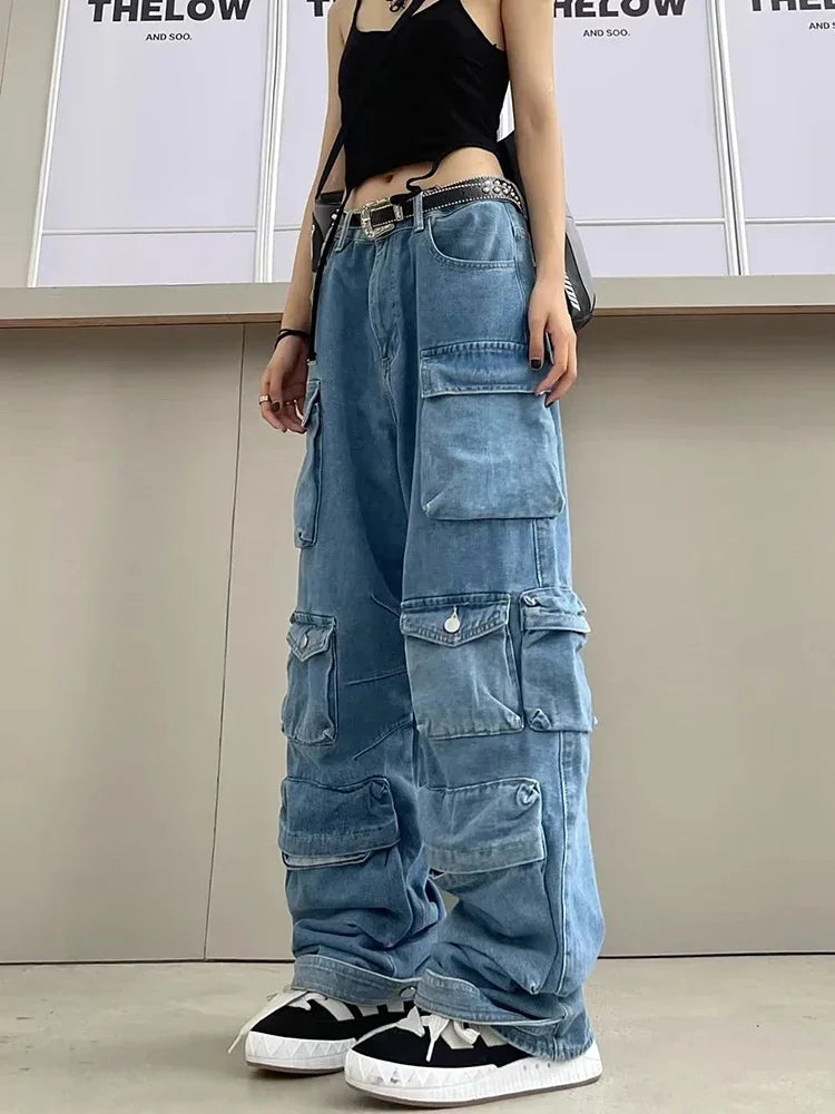 Y2K Cargo Jeans Women's Baggy Wide Leg Multi-Pocket Fashion Denim Pants Harajuku Streetwear Female Vintage Loose Casual Pants