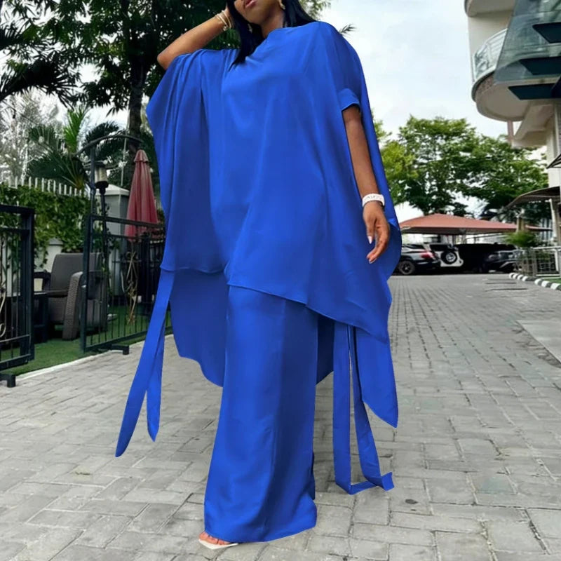 Two Piece Set Women O Neck Short Sleeve Loose Maxi Tops Wide Leg Pants Suit Fashion Elegant Simple Casual Africa Church Outfits