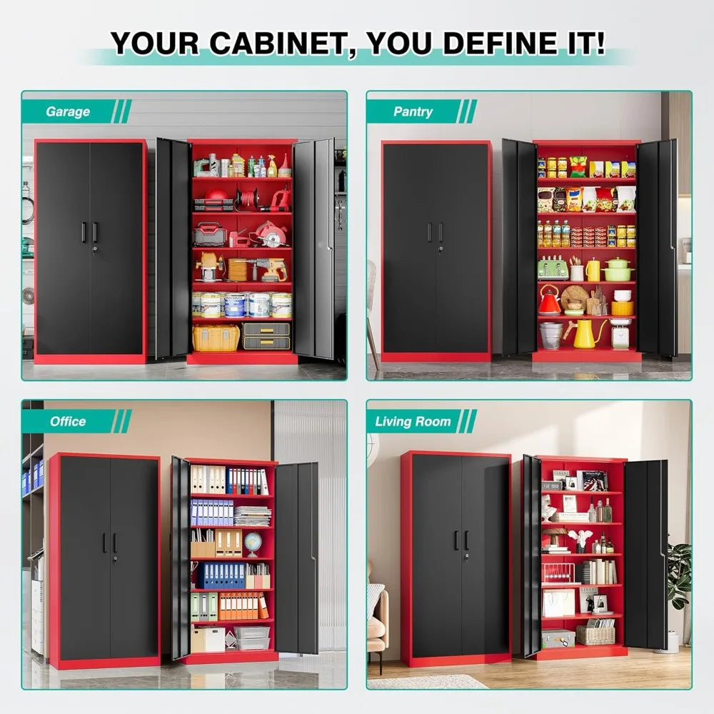 Garage Storage Cabinet with 5 Adjustable Shelves, Metal Storage Cabinet with Lock, Red Black Metal.