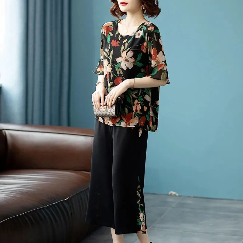 Summer Ladies Fashion Printing Wide Leg Pants 2PCS 2025 Women Short Sleeve Pantalons Outfit Korean Femme Chiffon Two-piece Set