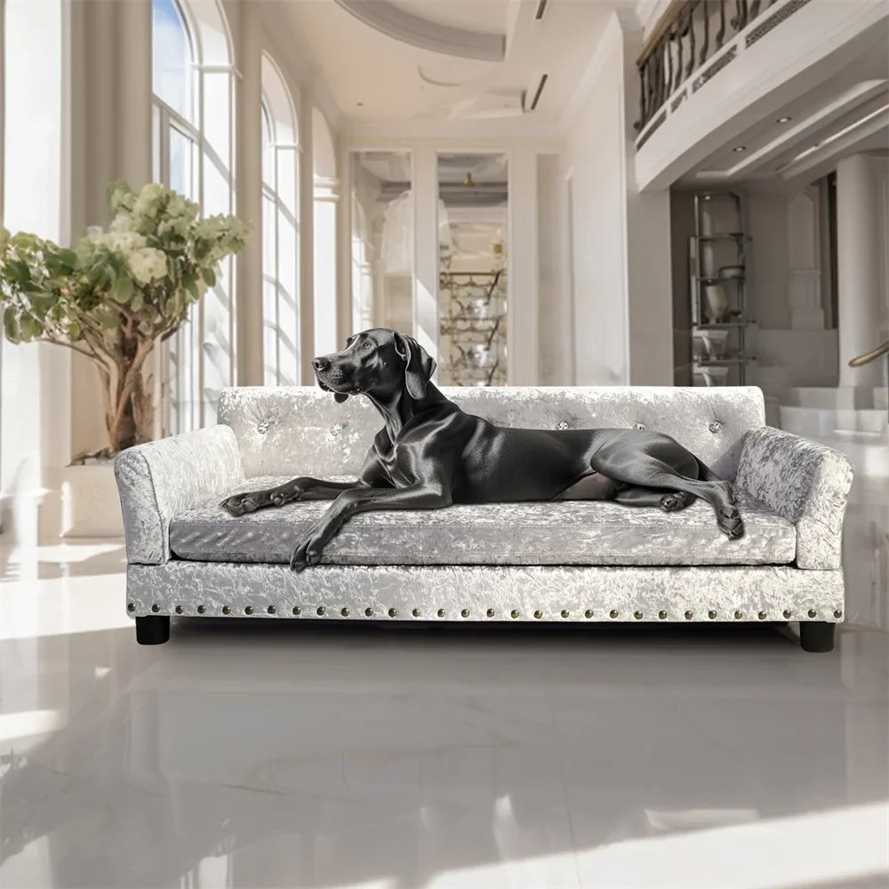 Luxury Velvet Tufted Dog Sofa Bed Large Elevated Pet Bed Upholstered Cushion Wooden Frame Raised Puppy Sofa Couch