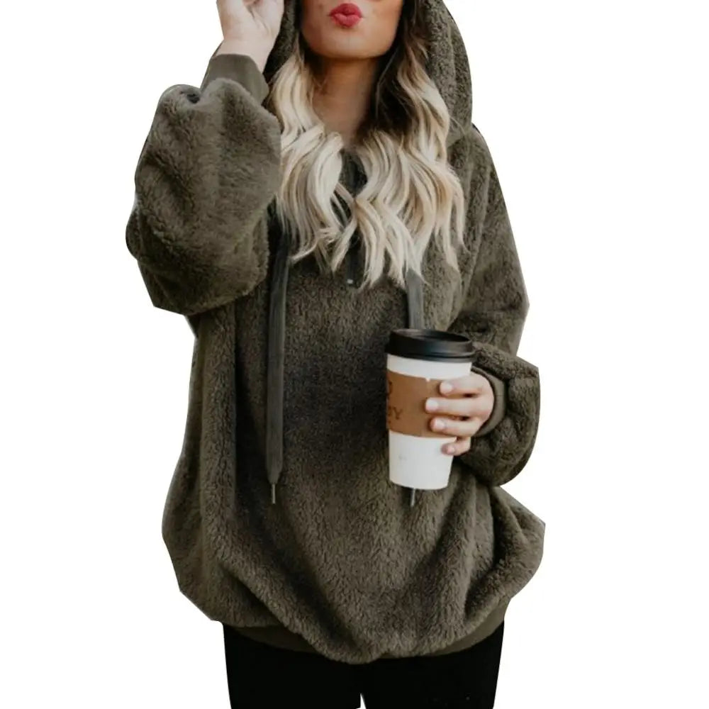 Winter Hoodies Long Sleeve Two Pockets Pullover Sweatshirt Plush Turtleneck Zipper Neck Women Fluffy Sweatshirt Outerwear