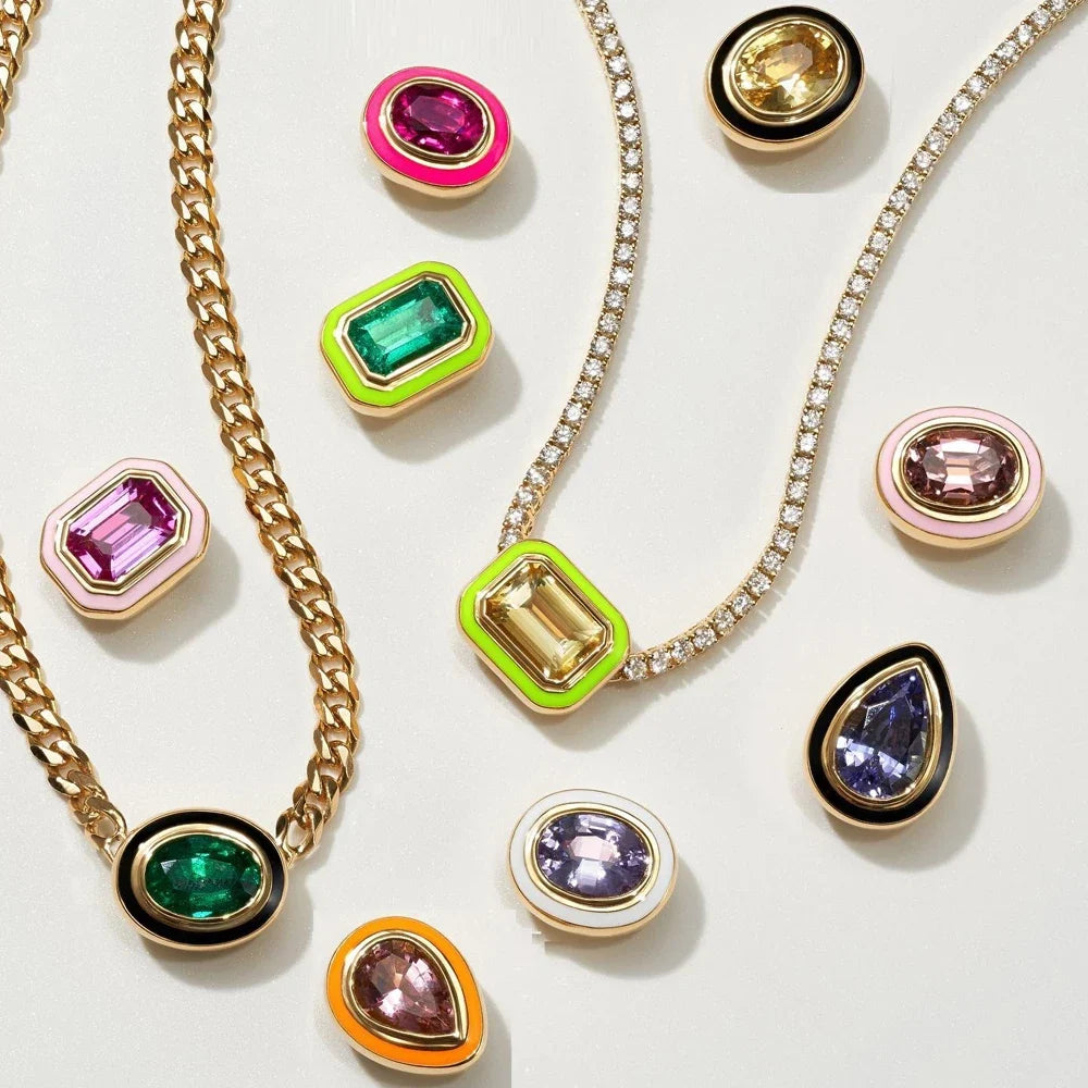 Neon Enamel Pink Heart Rectangle Charm Necklace Bling Colorful CZ Geometric CZ Beaded Tennis Cuban Chain Fashion Women Jewelry