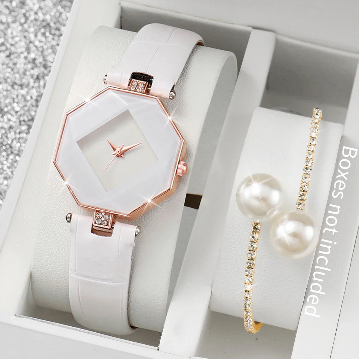 2PCS Fashion Women's Watches Casual Leather Band Analog Quartz Watch Pearls Bracelet Set（Without Box）