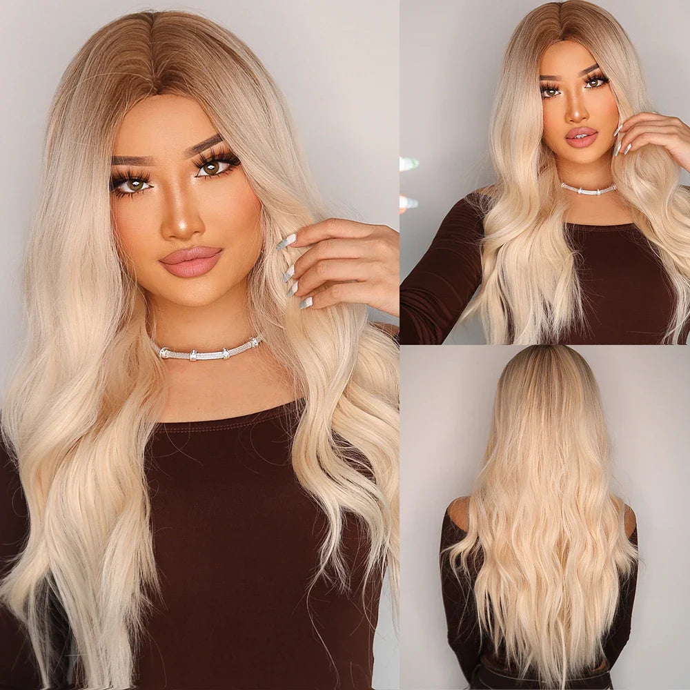 Element Medium Length Synthetic Straight Natural Brown Wigs with Side Bangs Heat Resistant Party Wigs for White/Black Women