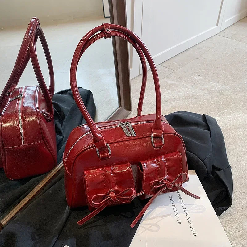 Vintage Women Business Shoulder Bags Simple Ladies Commute Tote Bag Pu Leather Female Underarm Bag Burgundy Large Handbags Purse