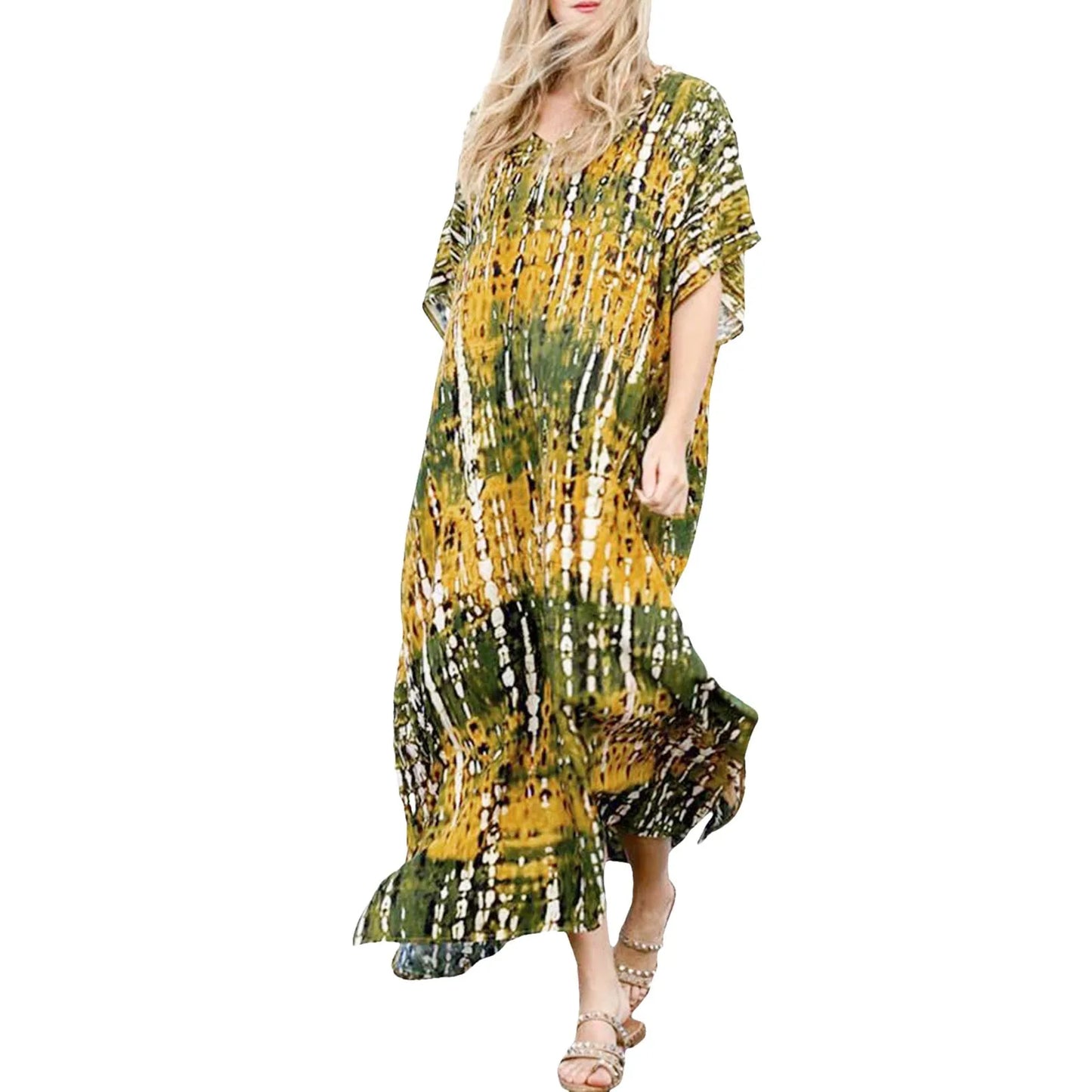 Womens Plus Size Kaftans Casual V Neck Puff Sleeve Boho Loose Floral Long Soft Beach Maxi Summer Swing Party Dresses For Women
