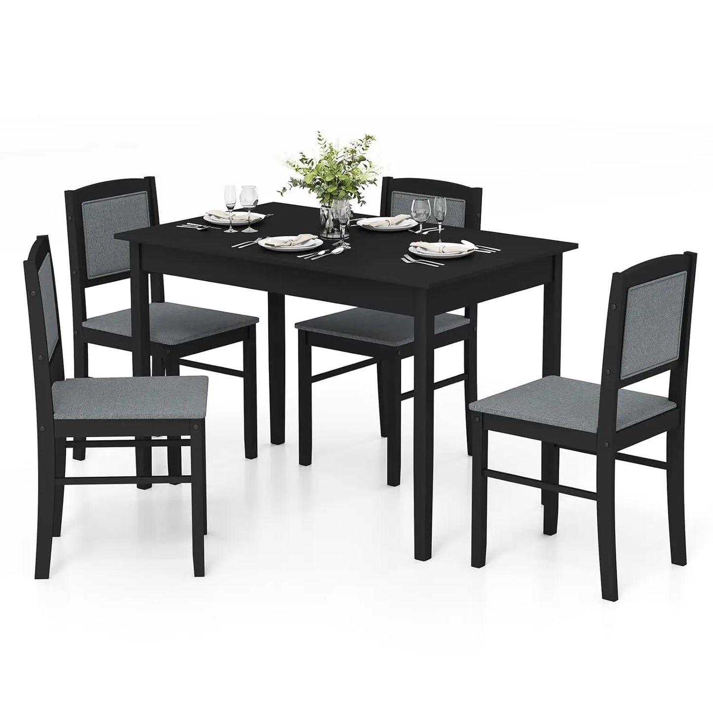 Dining Table Set for 4, Farmhouse Solid Wood Dinette Set w/Rubber Wood Legs, Upholstered Seat & Padded Backrest.