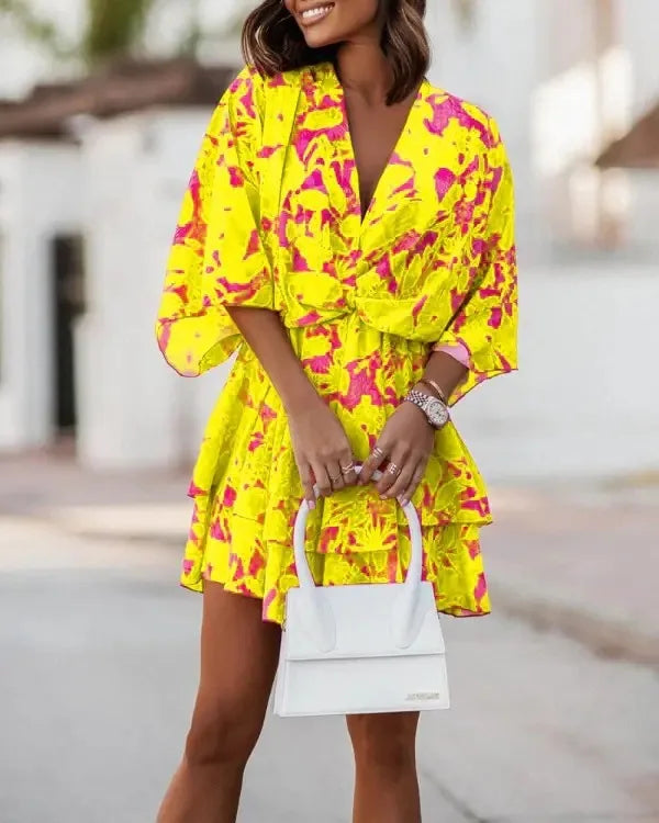 2024 Women's Cross border with Batted Sleeves Fashionable Printed Dress