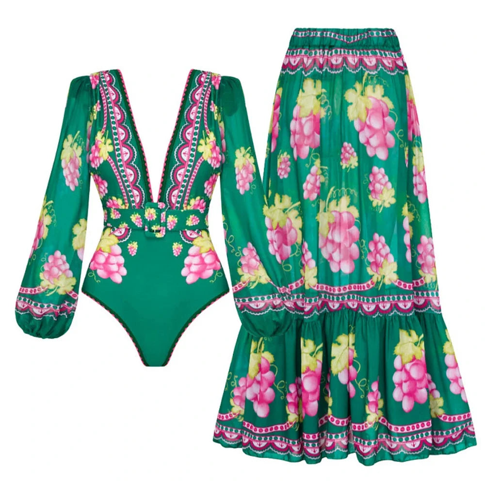 Retro Green Bikini Printed Fashion One Piece Swimsuit And Cover Up With Skirt Tight Women's Bandage Summer Beach Luxury Elegant