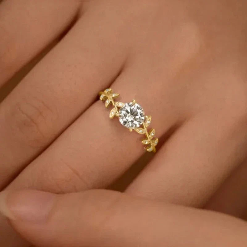 Huitan Exquisite Leaf Design Cubic Zirconia Rings for Women Silver Color/Gold Color Luxury Trendy Wedding Accessory New Jewelry