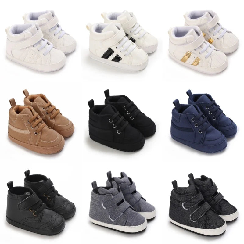 Baby Learning Walk Shoes, Striped PU Sports Shoes for Infants 0-18M, Soft Sole Lightweight Casual Footwear