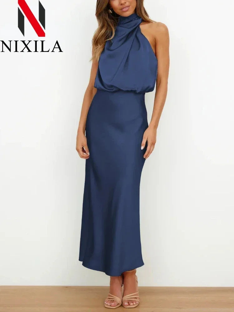 New Wedding Satin Silk Women Dresses Sexy Evening Party Sleeveless Off Shoulder Bodycon Elegant Maxi Dresses for Women Clothes