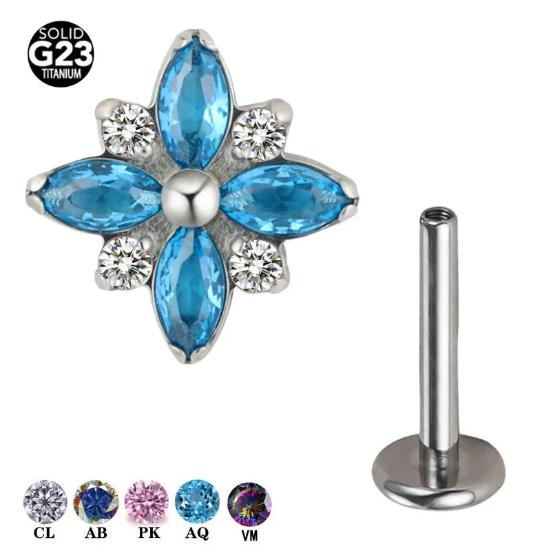 1Pc F136 Titanium Cute  5A CZ Flower Cartilage Crystal Piercing Labret Stud Piercing Jewelry Internally Threaded Ear Tragus Ring