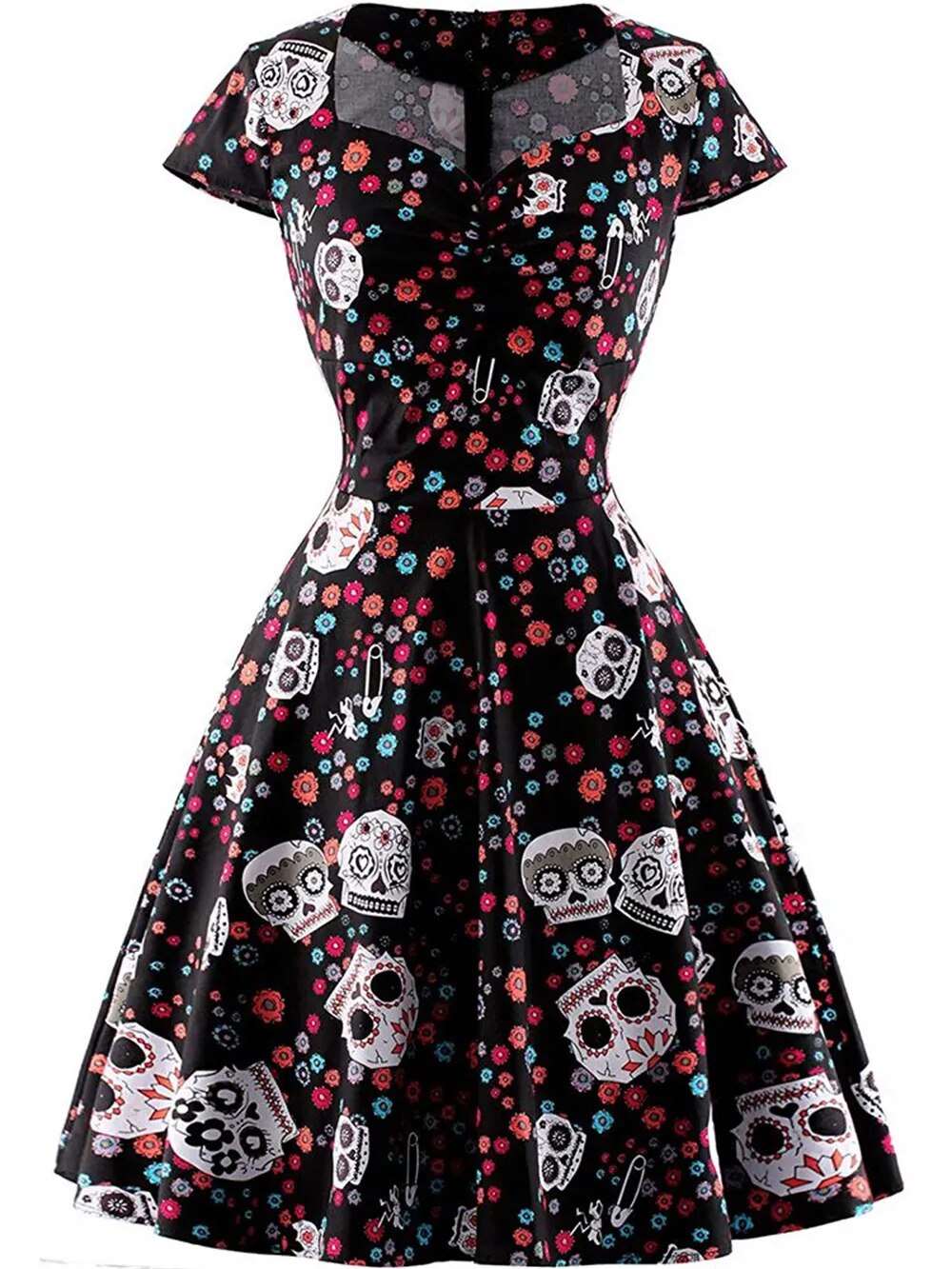 Hepburn Pin Up Rockabilly Vestidos Vintage Gothic Party Dresses Skull Print Swing 50s 60s Dress Women Emo Alt Halloween Clothes