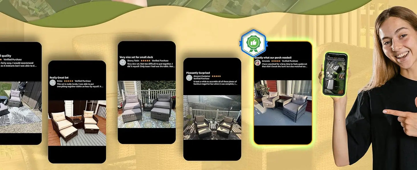 5 Piece Patio Conversation Set, PE Wicker Rattan Outdoor Lounge Chairs with Soft Cushions 2 Ottoman&Glass Table for Porch, Lawn