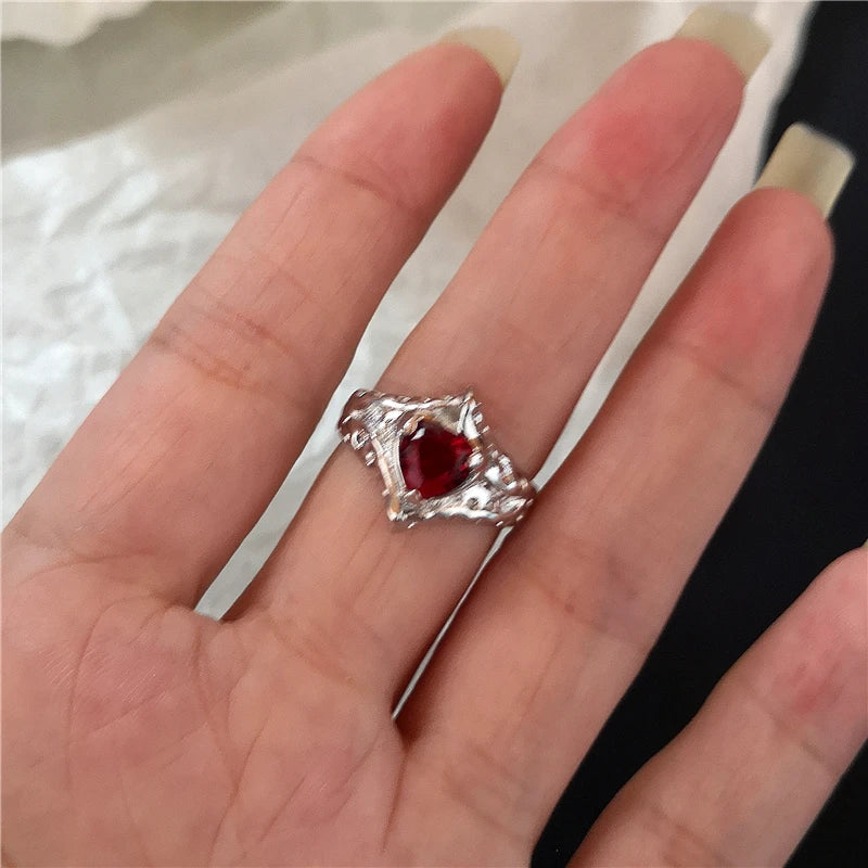 Goth Punk Vintage Red Crystal Love Heart Cross Geometry Irregular Open Ring Set Y2K Halloween Accessories For Women Kpop Jewelry