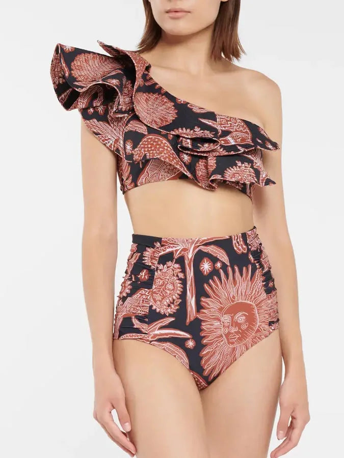 Women's Printed Ruffle Swimsuit Fashion One Shoulder Slash Breasted Bikini Two Piece High Waisted Tummy Tuck Beachwear 2024 New