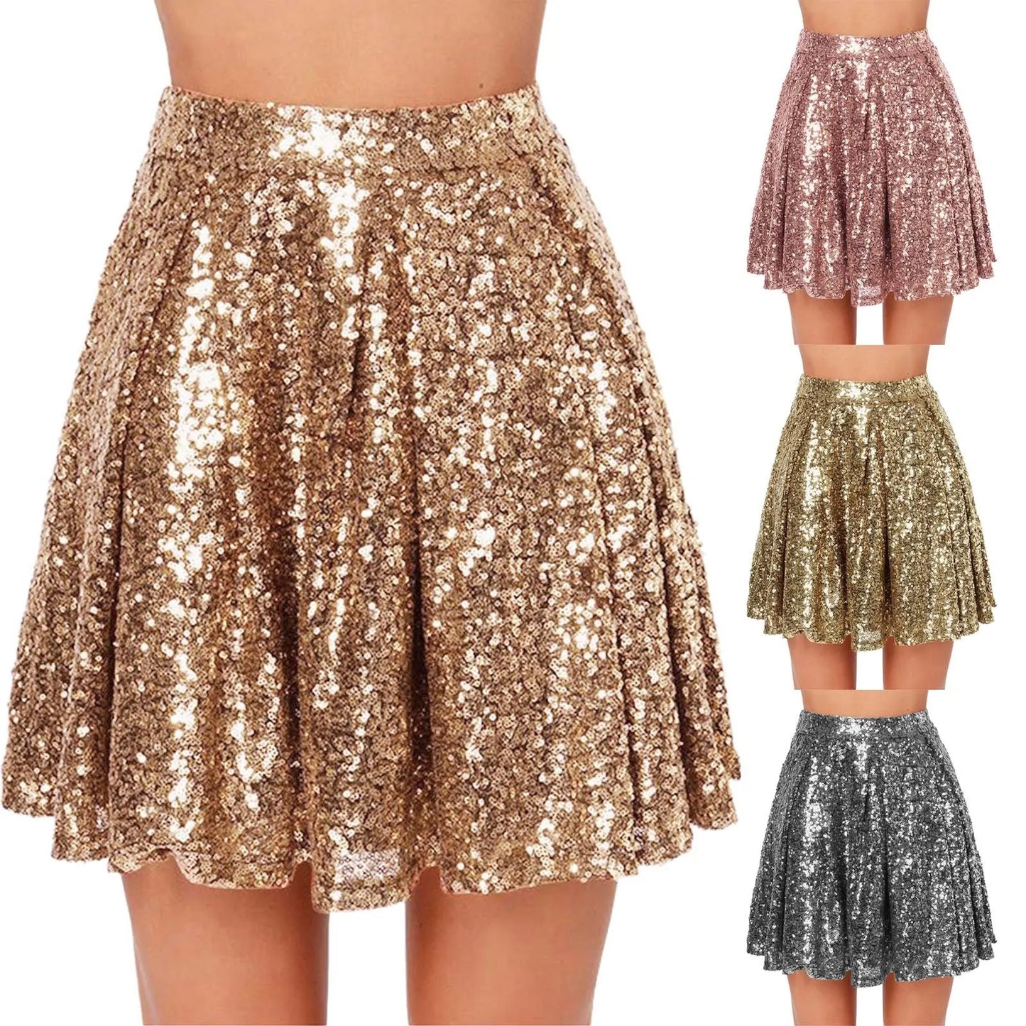 Women's Fashion High Waist Pleated Solid Color Short Skirt Sexy Holiday Cosplay Pink Sequin Skirt Elegant Party Wear Mini Skirts