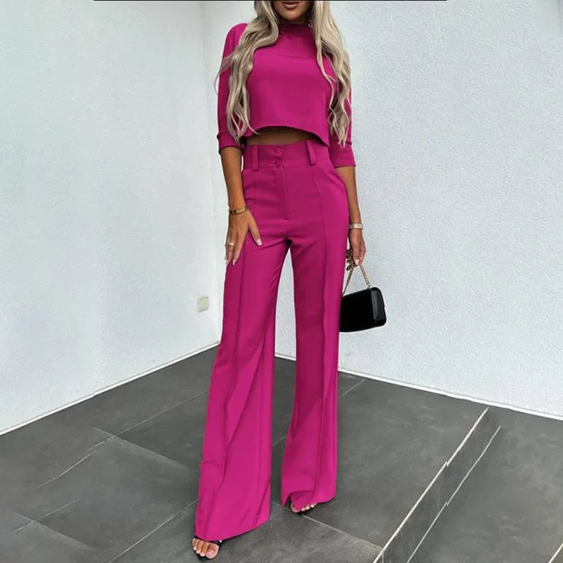 Autumn Winter New Arrivals Women's Clothing Fashion Temperament Pure Color Slim Waist Wide Leg Leisure Two-Piece Set
