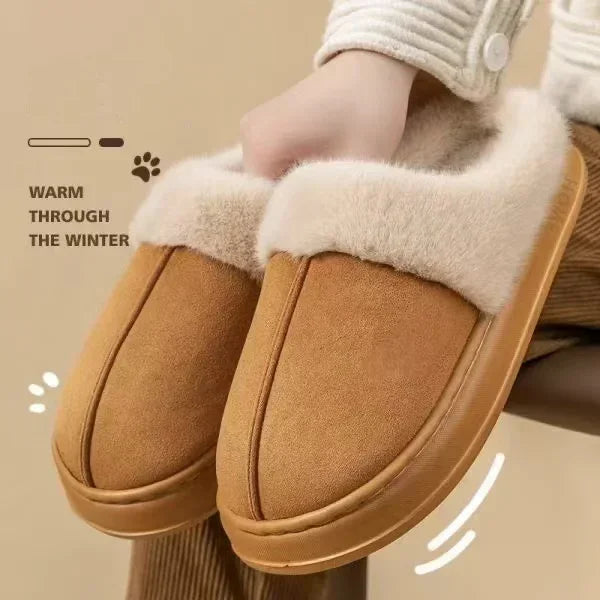 Fashionable women's plush slippers winter indoor, thick sole non-slip warm house shoes for home bedroom living room.