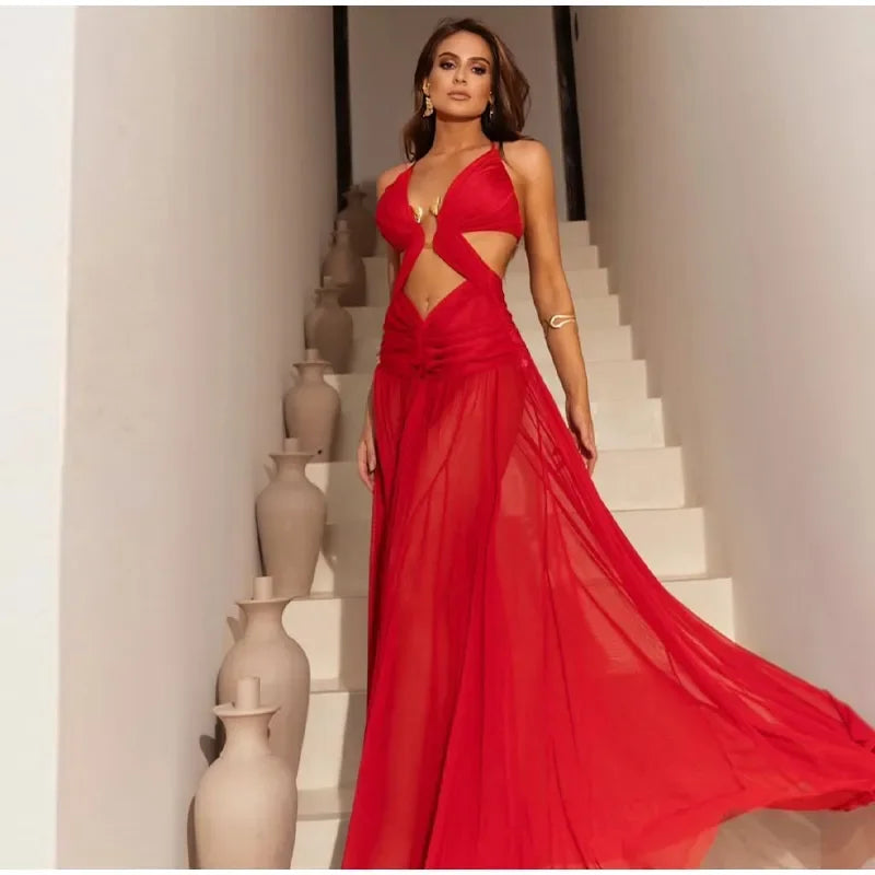Sexy Hollow Out Party Dress Sleeveless Backless Mesh Maxi Female Evening Dresses 2025 Spring Summer Club Beach Slip Lady Robe