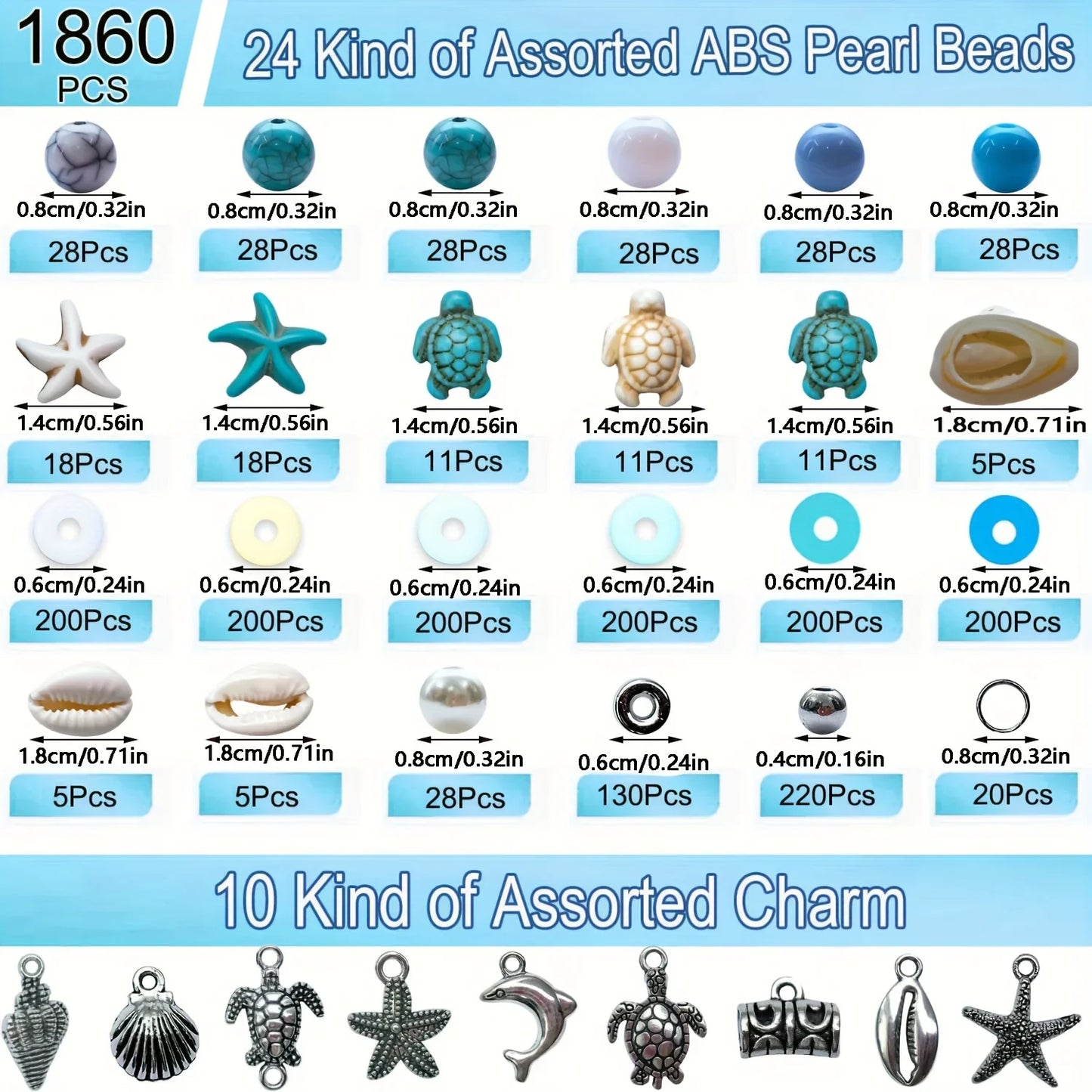 1860pcs Sea Blue and White Beads Paired with Sea Turtle and Starfish