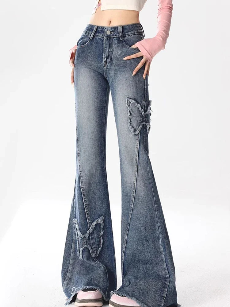 Y2K Streetwear Bootcut Jeans Women Vintage Butterfly Tassel Casual Denim Pants Female Harajuku Spring Summer High Waist Trouser