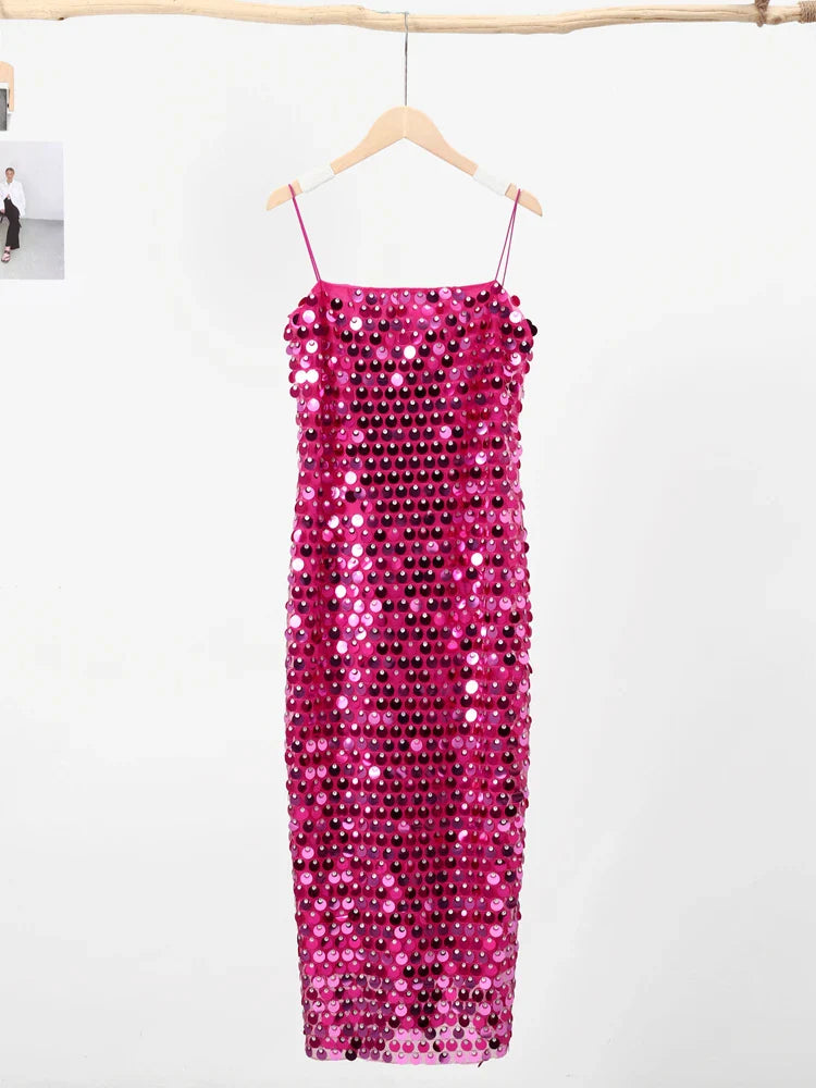 Sequined Tube Top Strap Dress Women Sexy Sleeveless Slim Solid Straight Long Vestidos Fashion Backless Slip Split Evening Robe