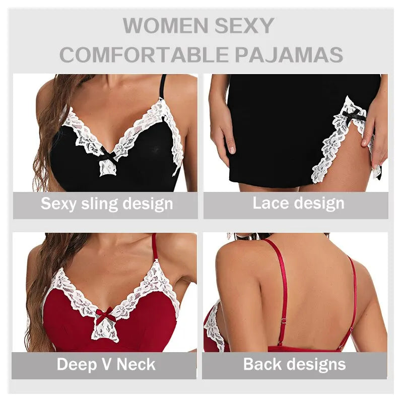 Sexy Sleepwear Women Lace Silk Satin V-Neck Nightgown