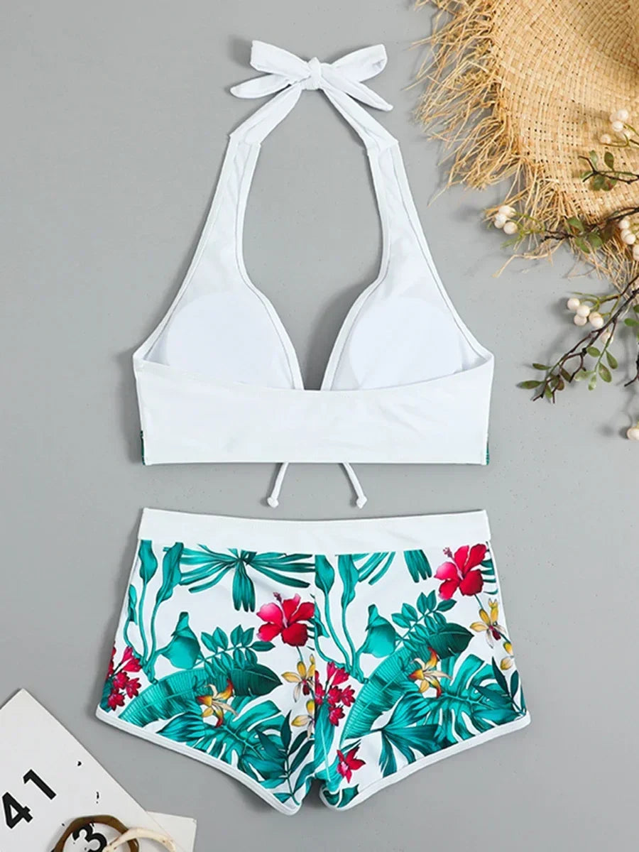 Fashion Printed Swimsuit Women Spliced Lace Up Sporty Surfing Bikini Set Bathing Suit Beachwear Swimwear Female Swimming Suits