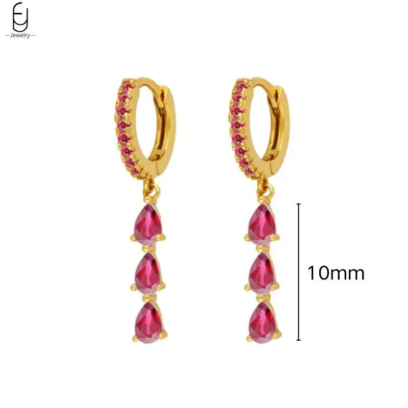 925 Sterling Silver Needle Rose Red Crystal Stud Earrings For Women Water Drop/Heart Pendant Gold Earrings Fashion Jewelry Gifts