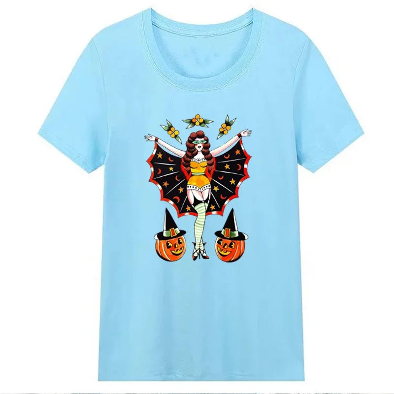 2024 Funny Pumpkin Face Floral Sexy Ladies T Shirt Women  Halloween Clothes Fall Festival T-shirt WomenTop
