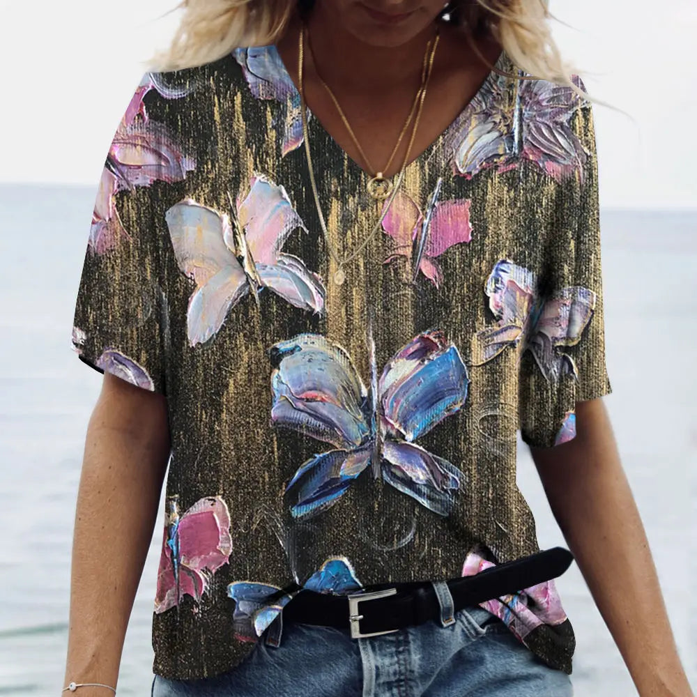 Women's T-shirts Fashion Tops V-neck Colorful Butterfly T Shirt Female Short Flowers Print Casual Tees Summer Oversized Clothes