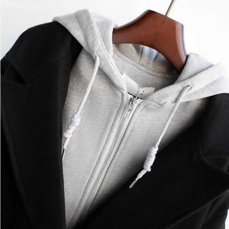 Wool Blends Coats Women Spliced Fake Two Piece Hooded Clothes Design Korean Fashion Preppy College Girlish Elegant Ladies Casual