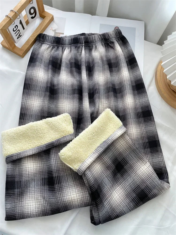 Warm Plush Pants, Cashmere Thick Plaid Ladies Winter Loose Wide-legged Pants