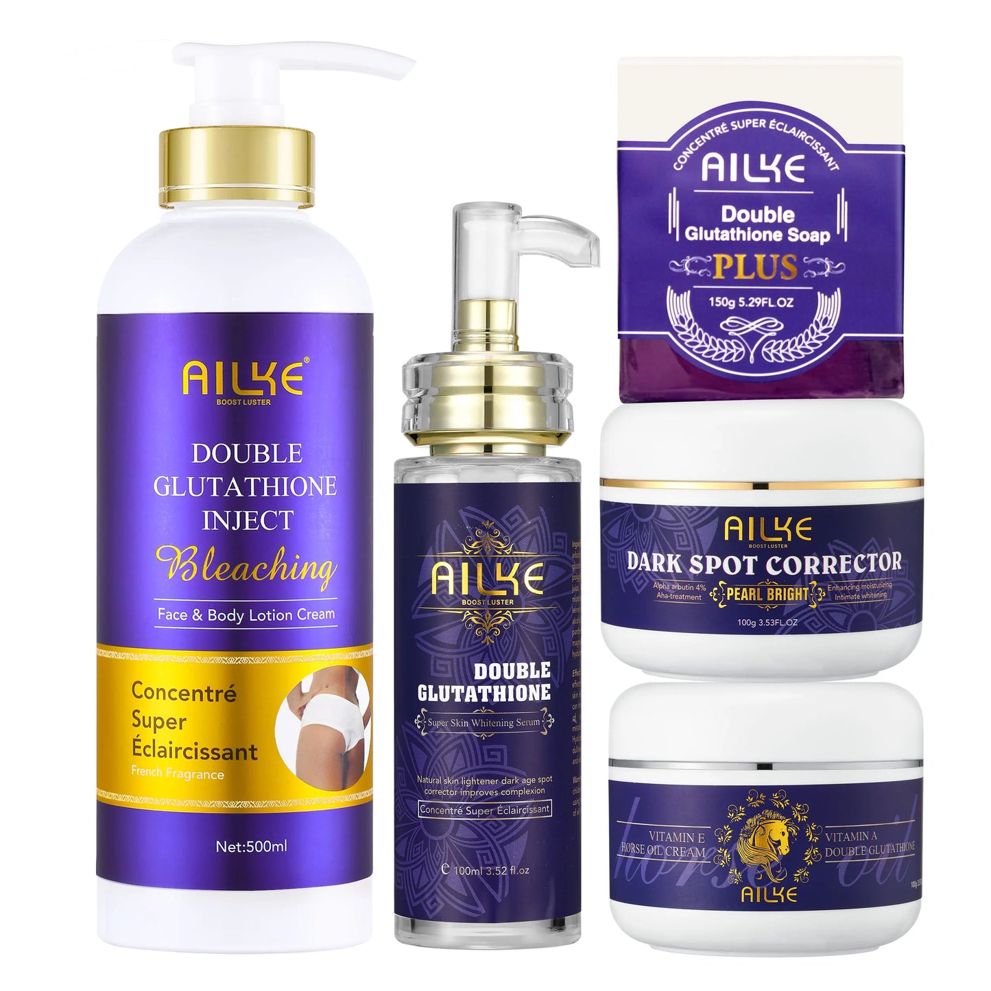 AILKE Glutathione 5-in-1 Women Skin Care Kit, With Body Lotion,  Serum, Stains Removal Cream, Body Cream, Brightening Soap
