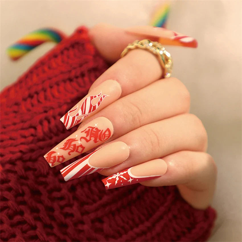 24Pcs/Set American Almond Christmas Wearing False Nails Full Coverage Press on Nails Removable Adhesive Acrylic Fake Nails Tips