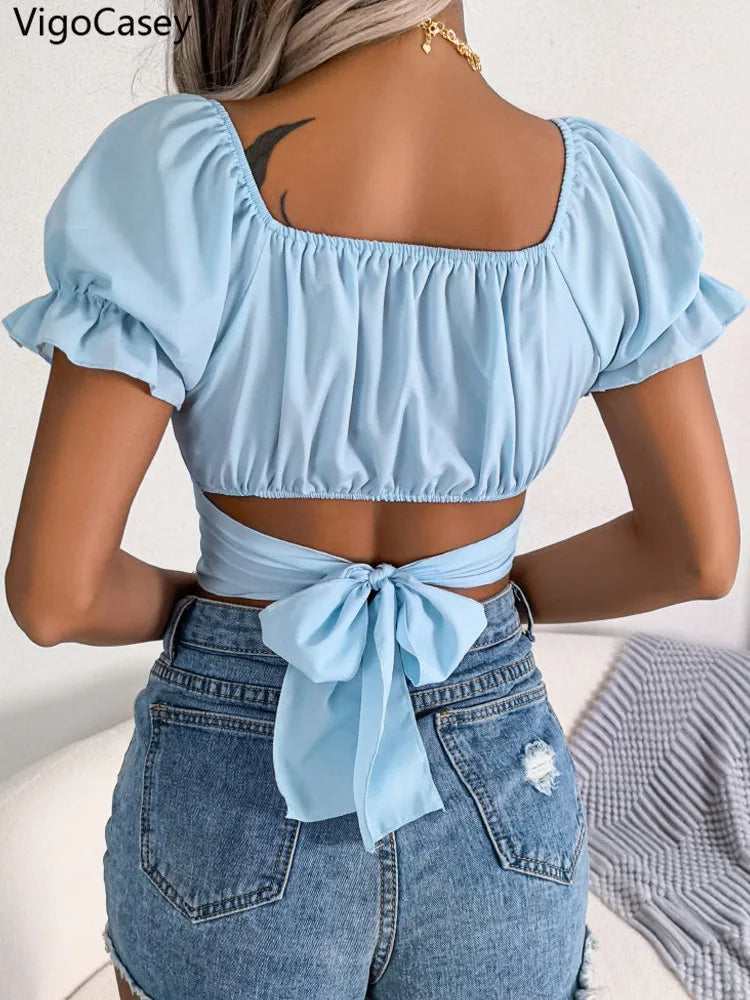 VigoCasey 2026 Lady Sexy Square Neck Bodycon Short Top Women Summer Solid Short Sleeve T-shirt Sexy Solid Ruffle Club Crop Tops