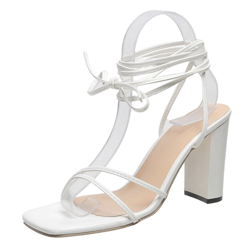 Women's Cross-Tie Open Toe Chunky Heel Designer Pumps