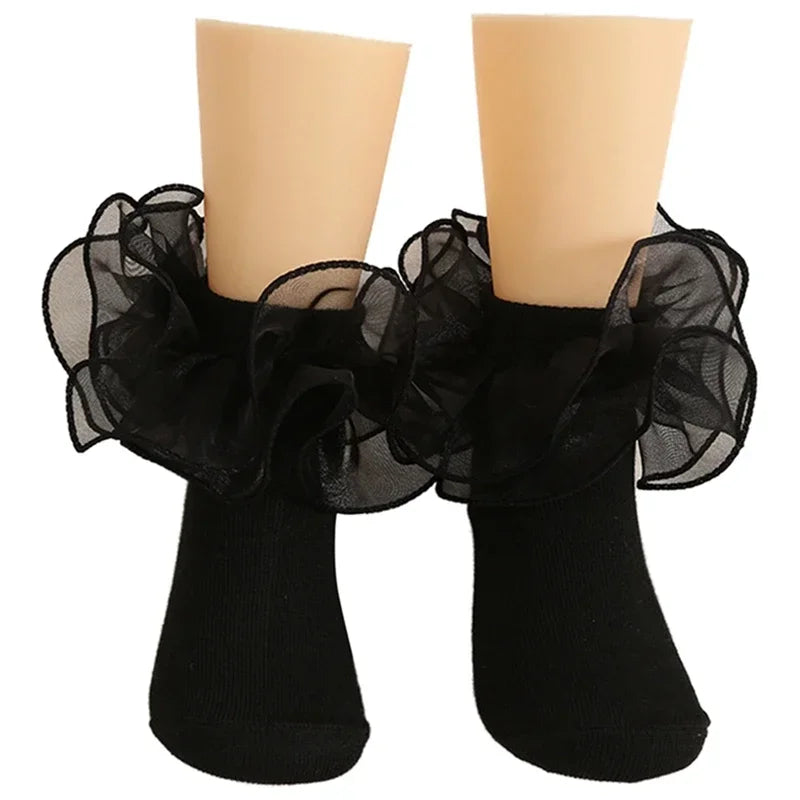 1 Pair Girls' Puffy Lace Socks Children's Combed Cotton Lace Socks