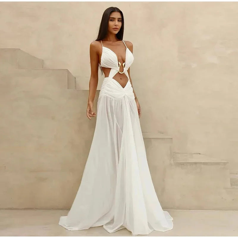 Sexy Hollow Out Party Dress Sleeveless Backless Mesh Maxi Female Evening Dresses 2025 Spring Summer Club Beach Slip Lady Robe