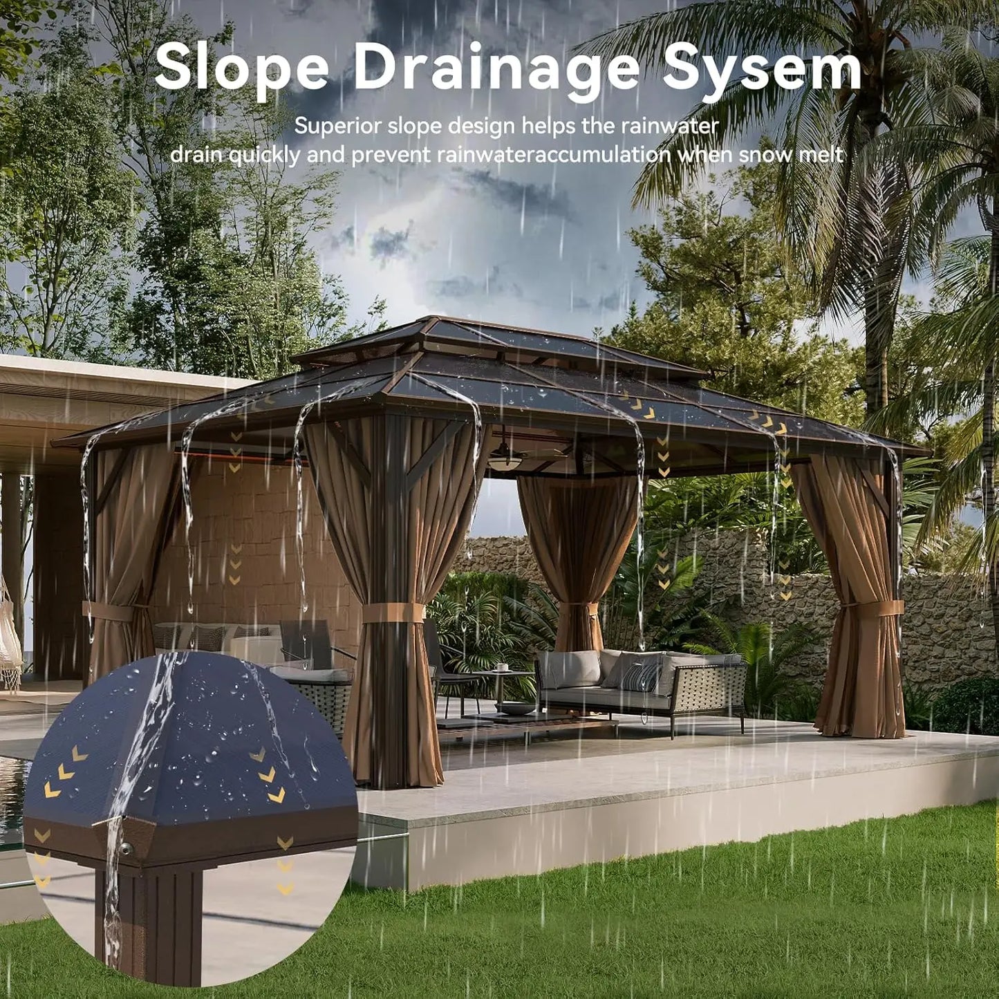 Aoxun 12'x16' Hardtop Gazebo, Aluminum Frame Permanent Pavilion with Curtains and Netting, Outdoor Polycarbonate Double Canopy