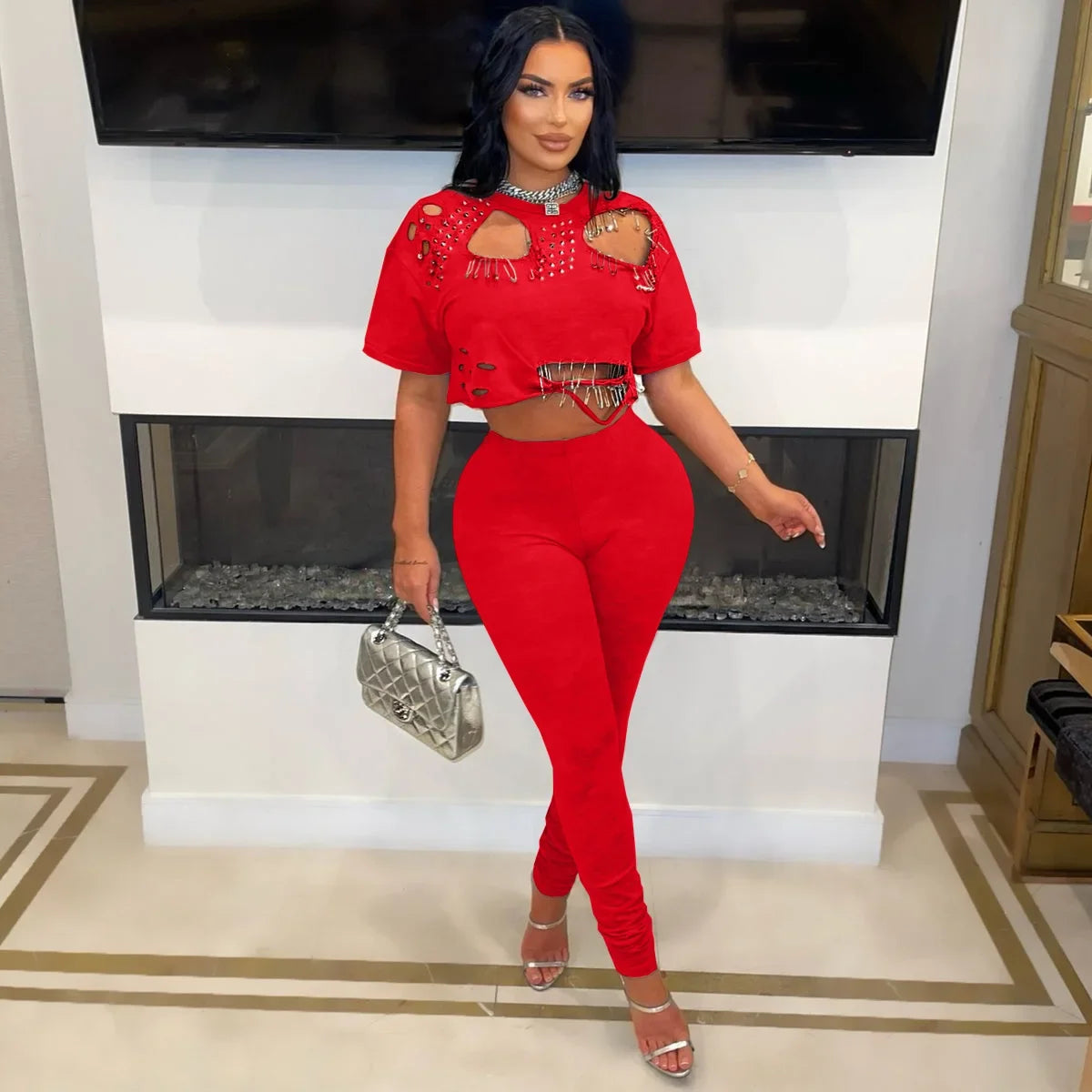 Women's Fashion White Two Piece Set Solid Loose Round Neck Piercing Pin Short T-shirt Pants 2026 Spring/Summer Set Red Black