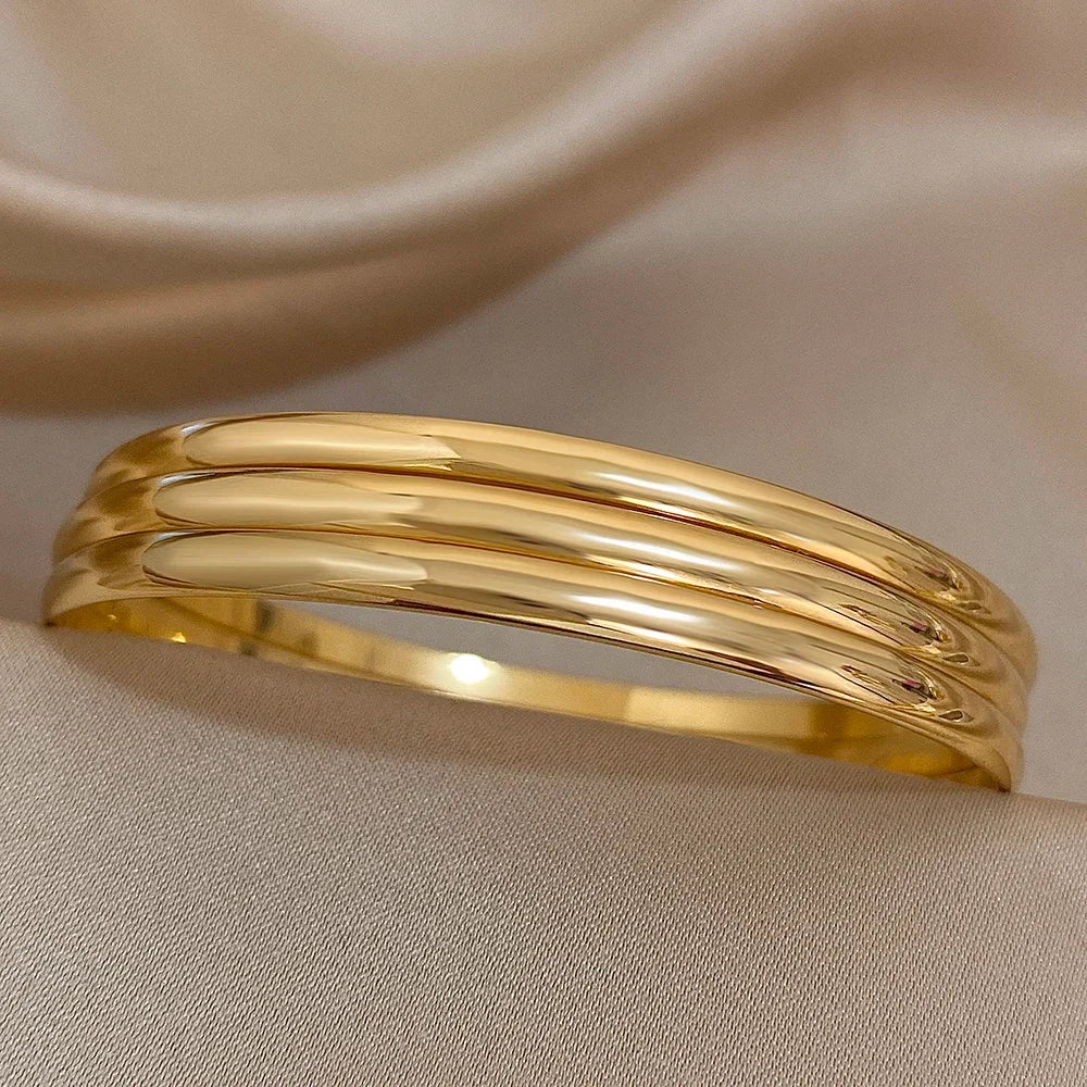 3pcs Glossy 18K Gold Plated Stainless Steel Bangle Bracelet for Women