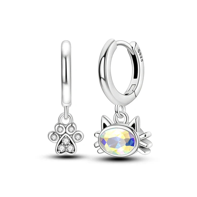 Lovely 925 Sterling Silver Colorful Double Layer Starry Moon&Cat and Dog Cute Pet&Pink and Purple Flower Earrings Girl Jewelry